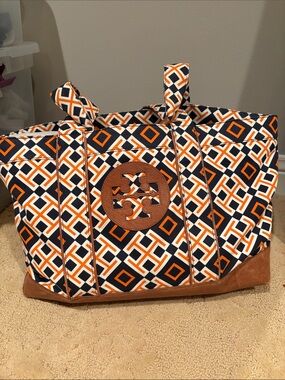 Tory Burch Navy, Orange & White Geometric Canvas Tote with Brown Trim
